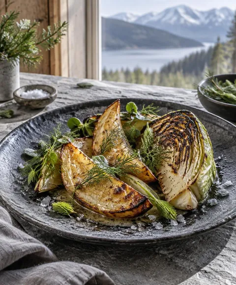 Eldrostad rotselleri och spetskål med gröna örter